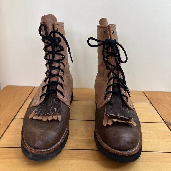 Brahma Leather Lace-Up Boots Roper Western Kiltie Fringe Two-Tone Brown - Picture 2 of 7